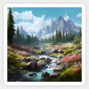 Natural Ecstasy: Enchanting Panoramic View of Mountains, Streams and Trees in a Magical World Sticker